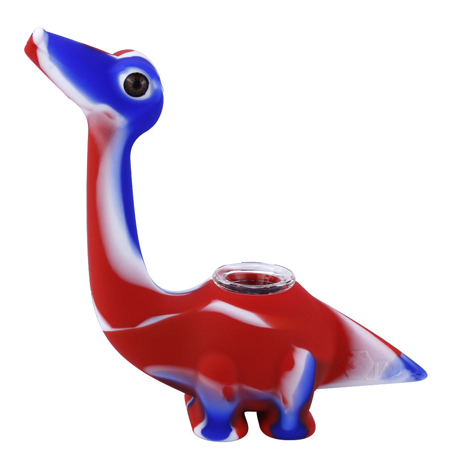 a red white and blue dinosaur figurine
