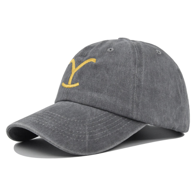 a grey hat with a yellow y on it