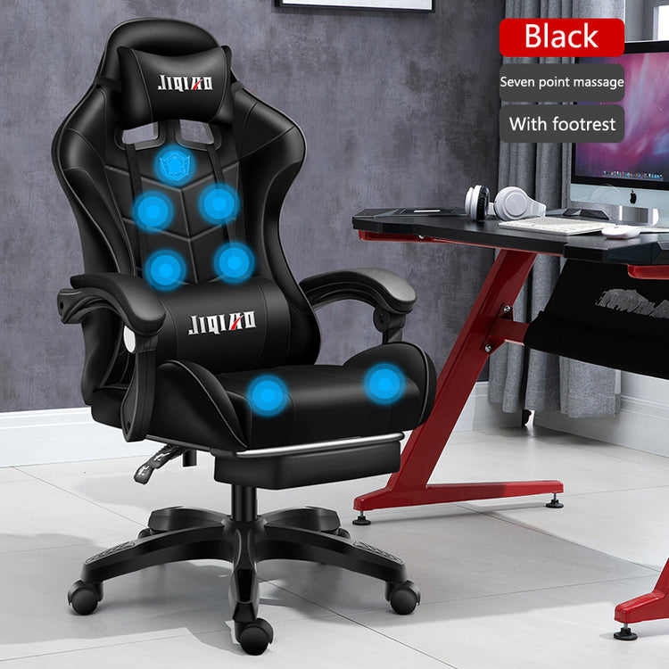 a black chair with blue circles on it