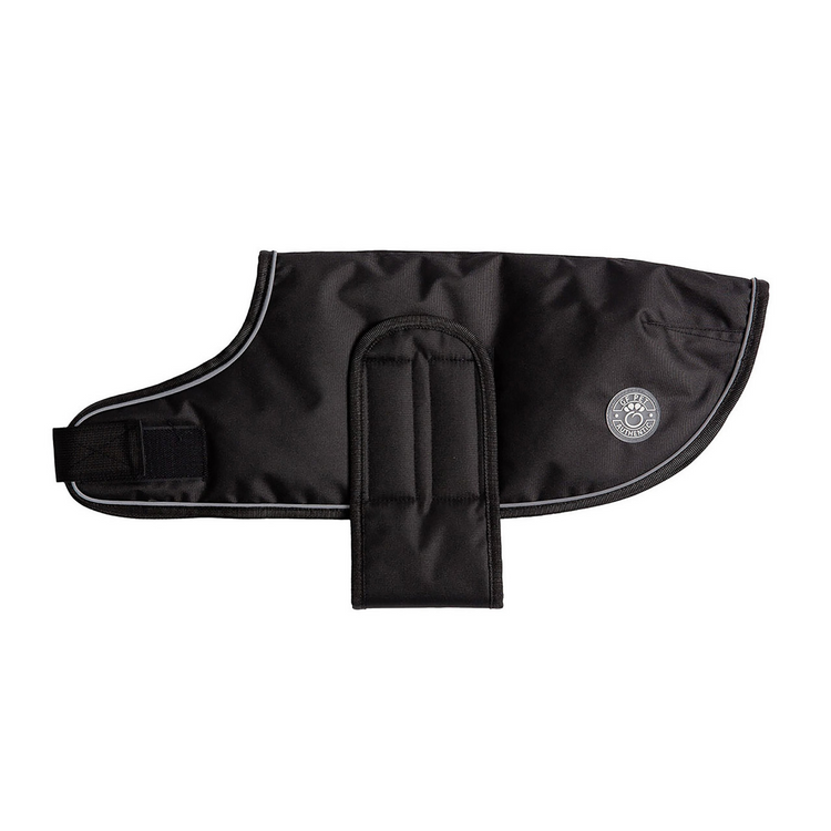 a black dog coat with a white logo