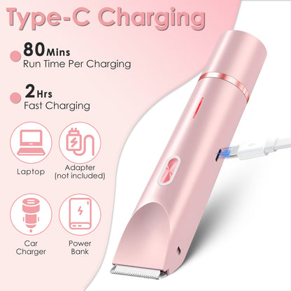 1Pc 2 In 1 Bikini Trimmer For Women Dual Head Cordless Body Shaver IPX7 Waterproof Rechargeable Pubic Hair Razor Wet And Dry Use For Bikini Underarm Leg Arm Body Face