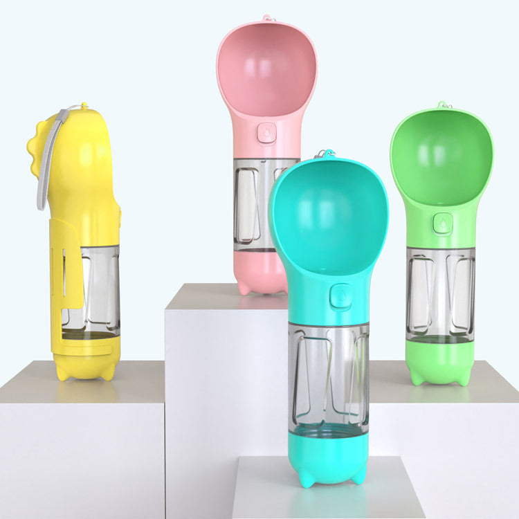 a group of water bottles on a white podium