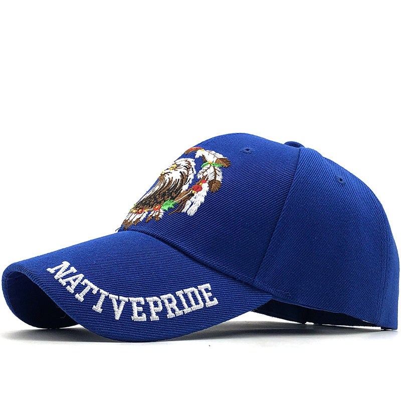 a blue hat with a white text