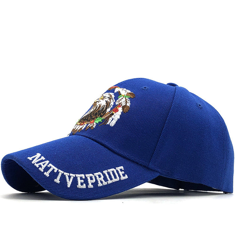 a blue hat with a white text