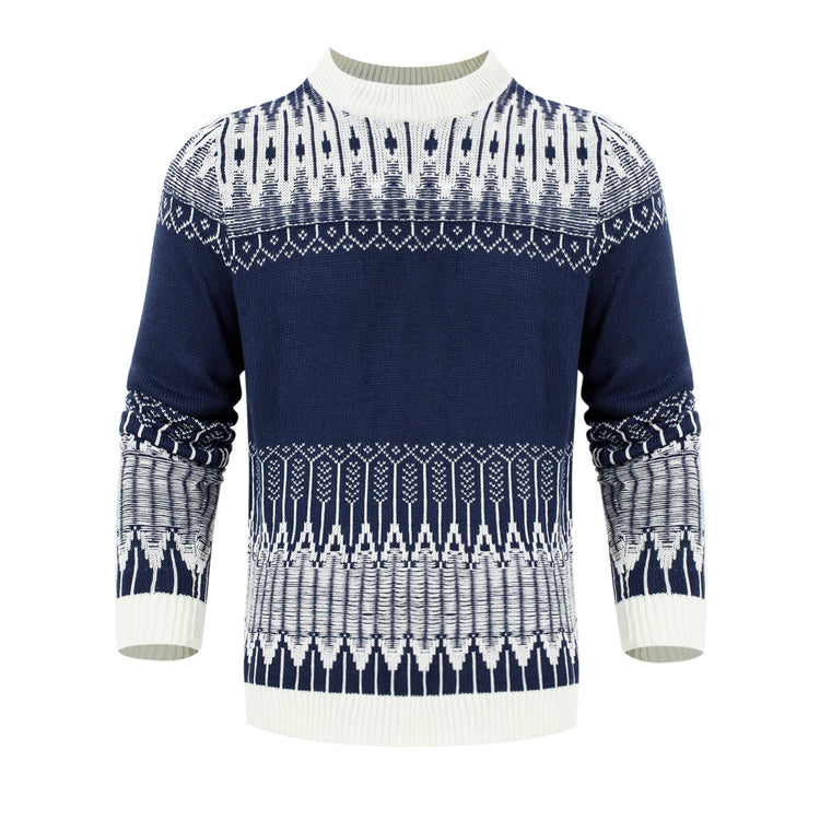 a blue and white sweater