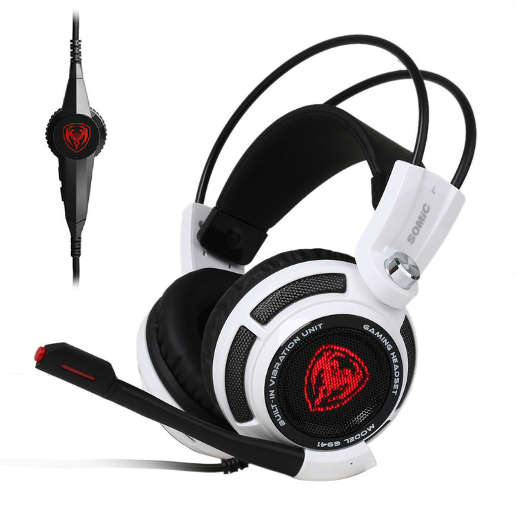 a white and black headphones with a red logo