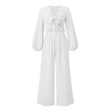 Fashion Women's Autumn Cardigan Tie Long Sleeve Top Wide Leg Trousers Two-piece Suit