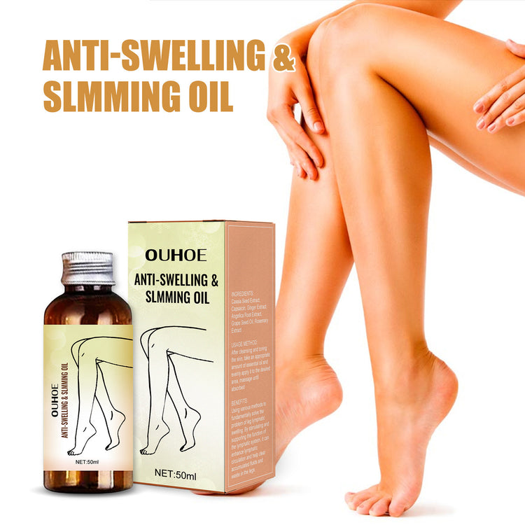 a woman's legs and a bottle of oil