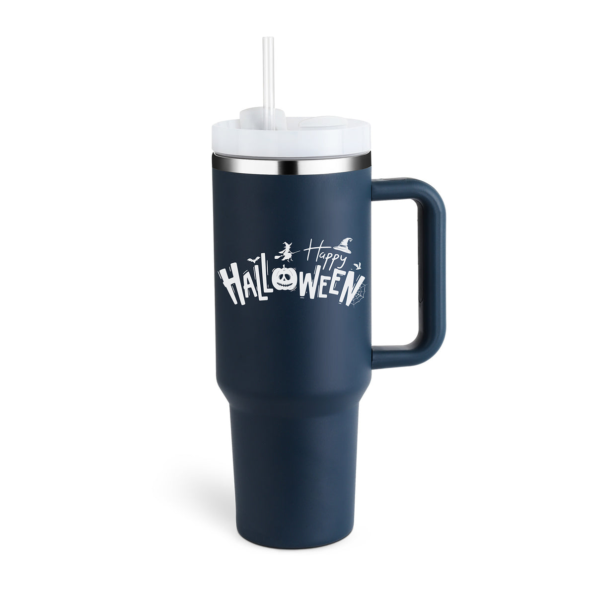 a blue and white cup with a straw
