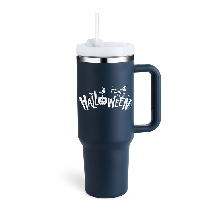 a blue and white cup with a straw