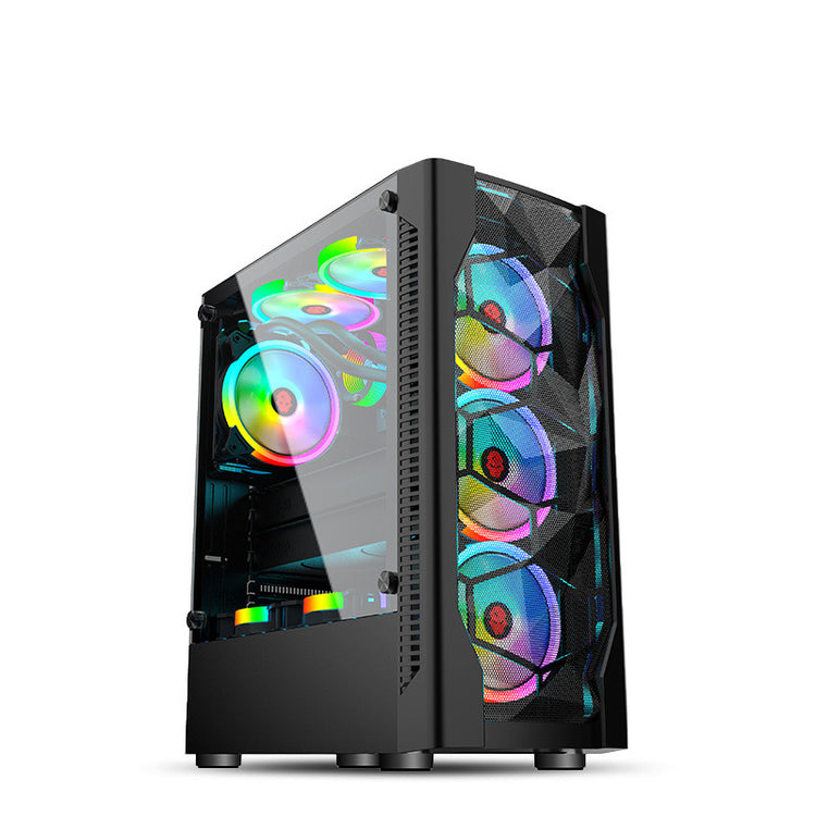 a black computer tower with colorful lights