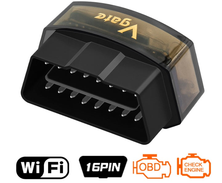 a black obd2 connector with gold text