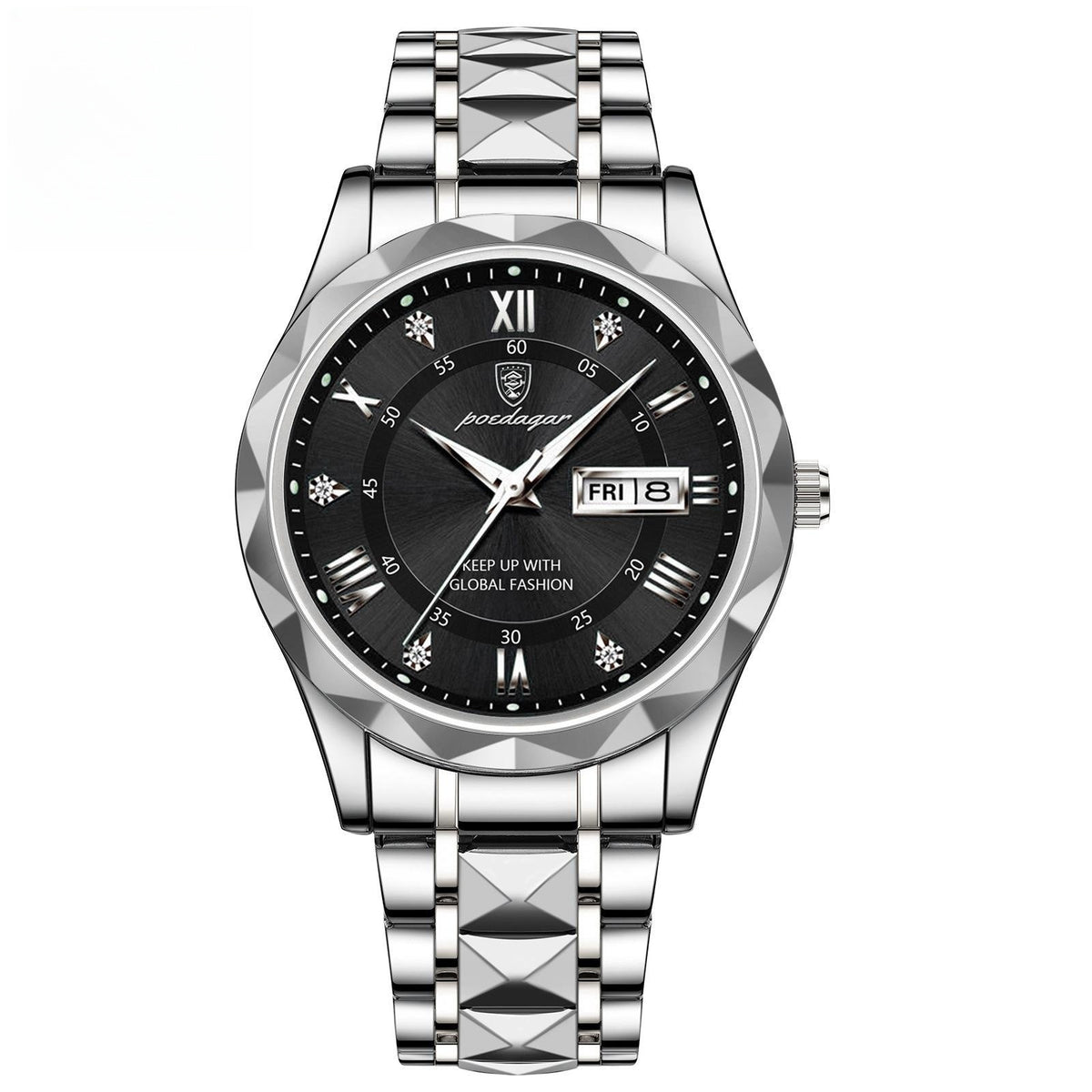 a silver watch with a black face