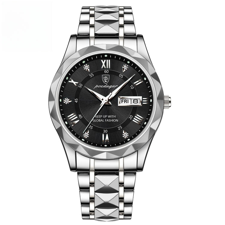 a silver watch with a black face