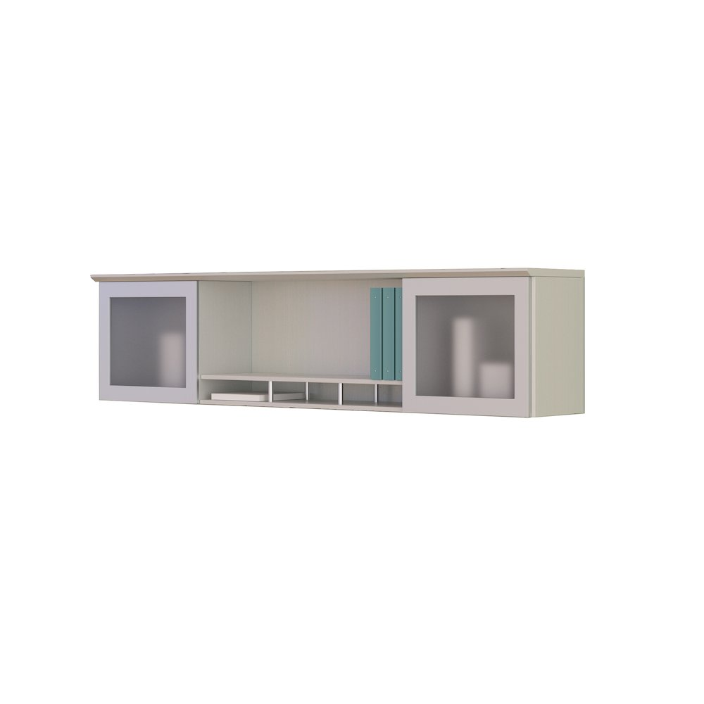 a white shelf with glass doors