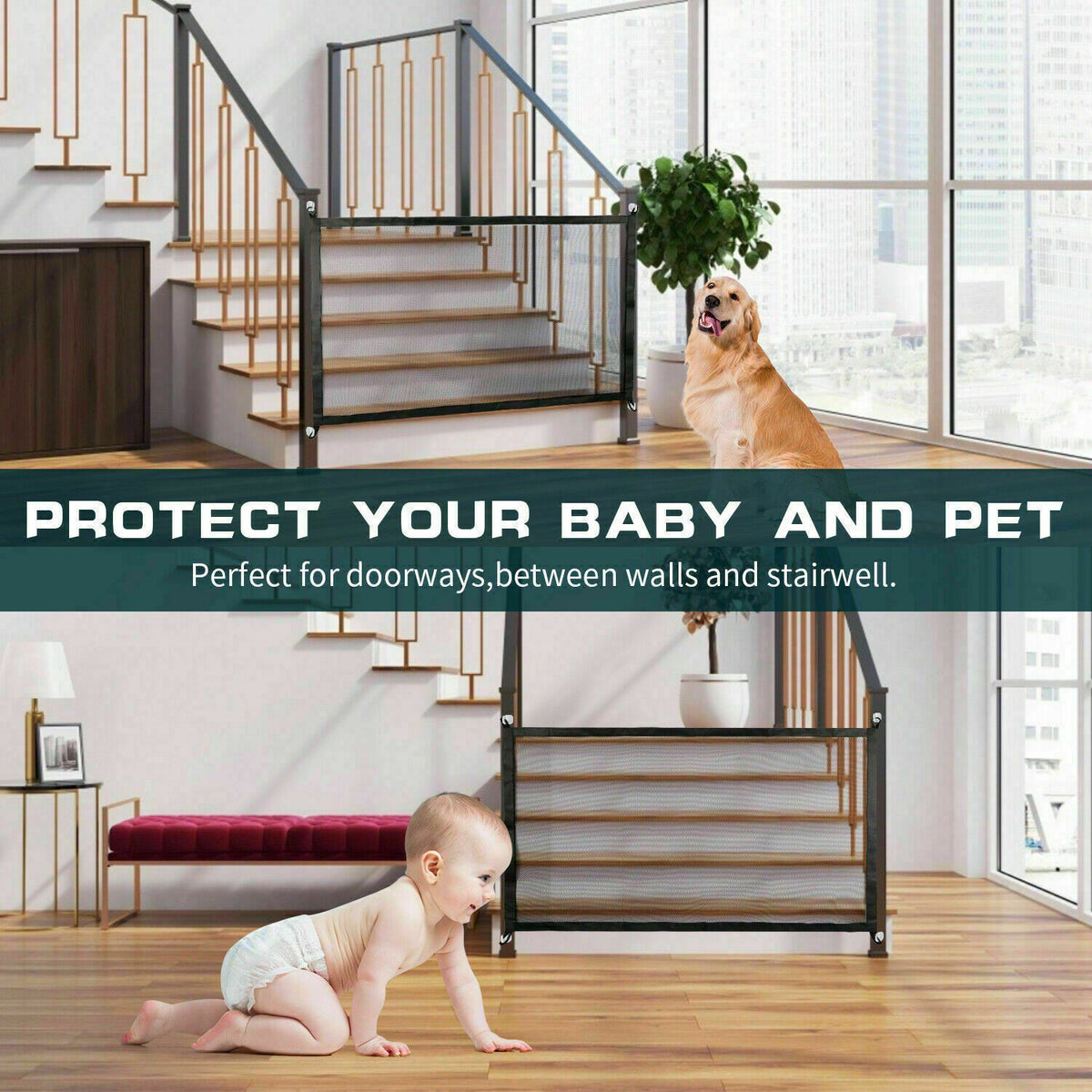 a baby crawling on the floor in a house with stairs and a dog