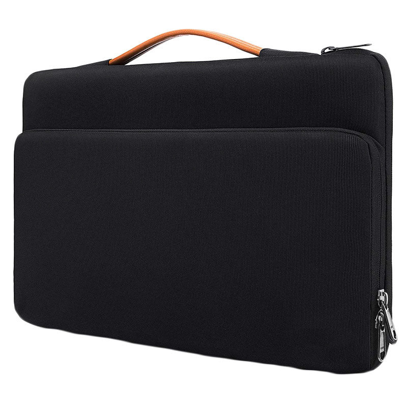 a black bag with a brown handle