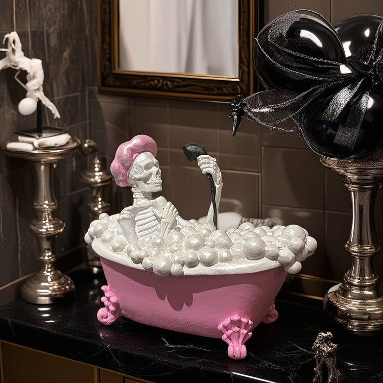 a skeleton in a bathtub with bubbles