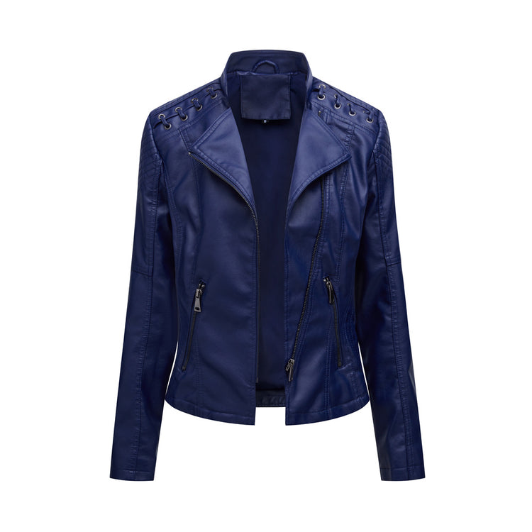 a blue leather jacket with a zipper