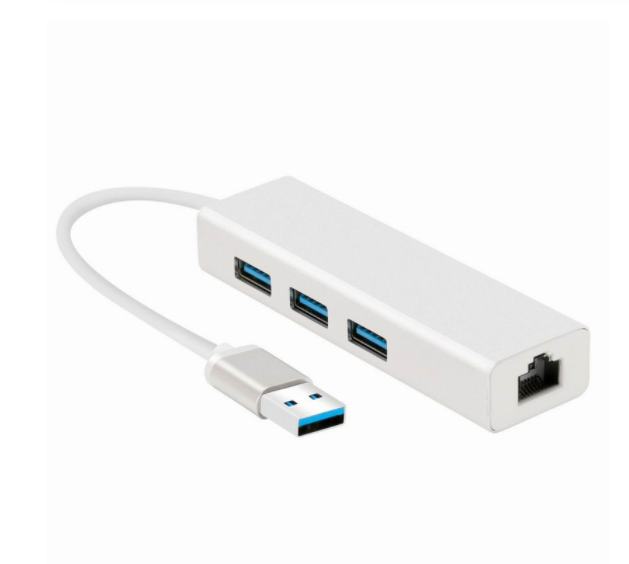 a white usb hub with blue and black ports