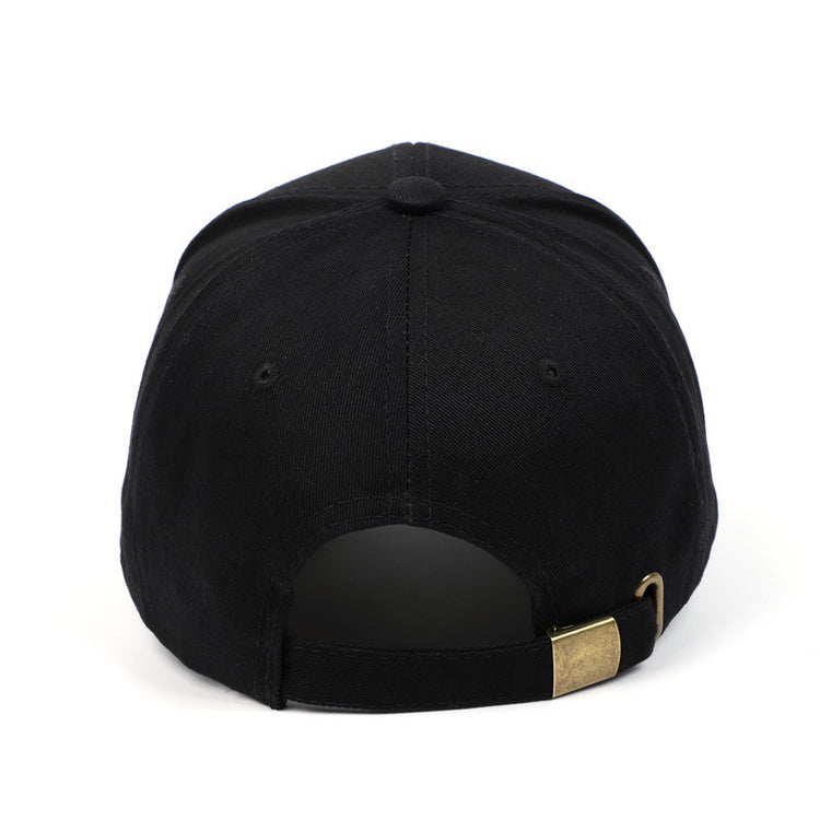 a black hat with a gold buckle