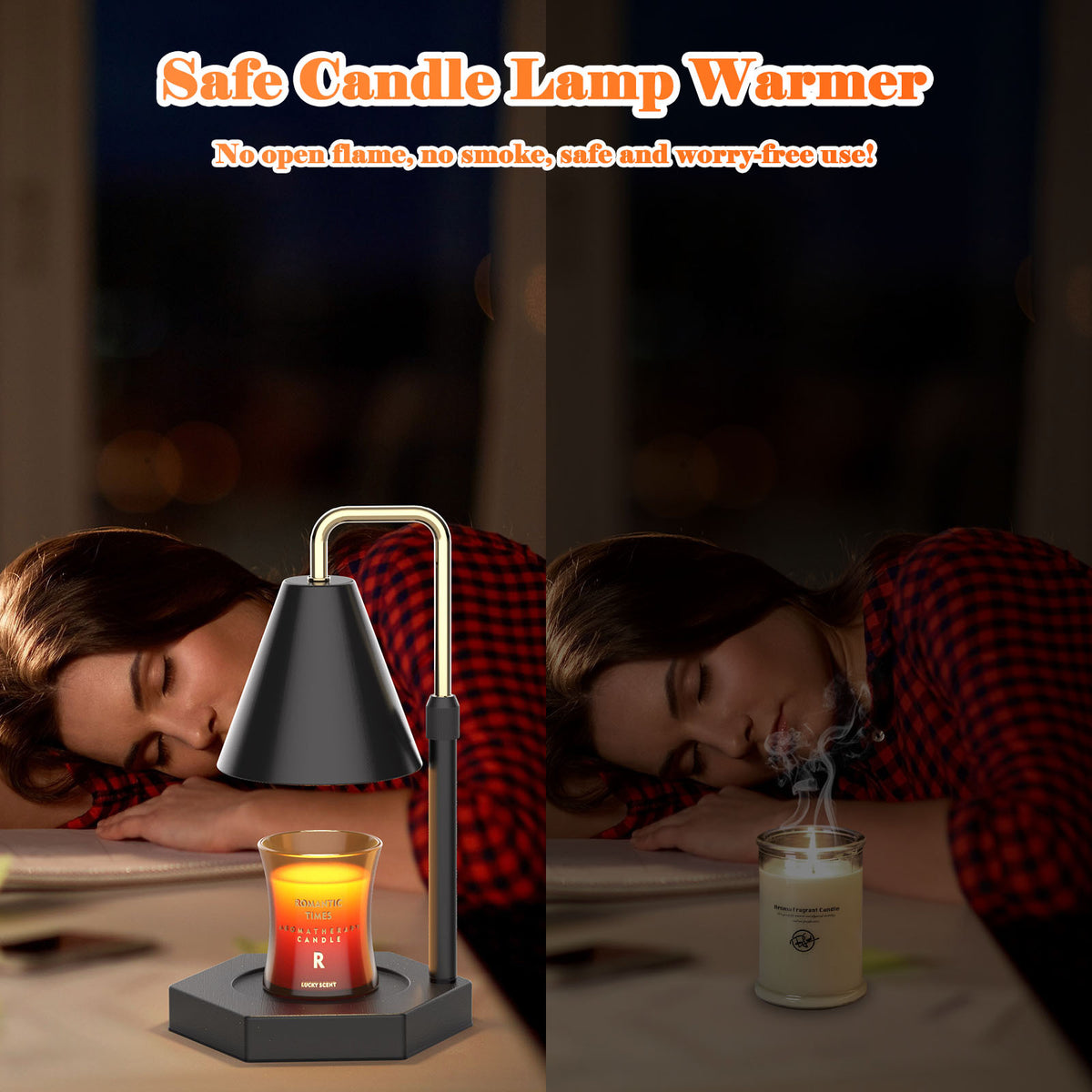 a woman sleeping on a table with a candle and a lamp
