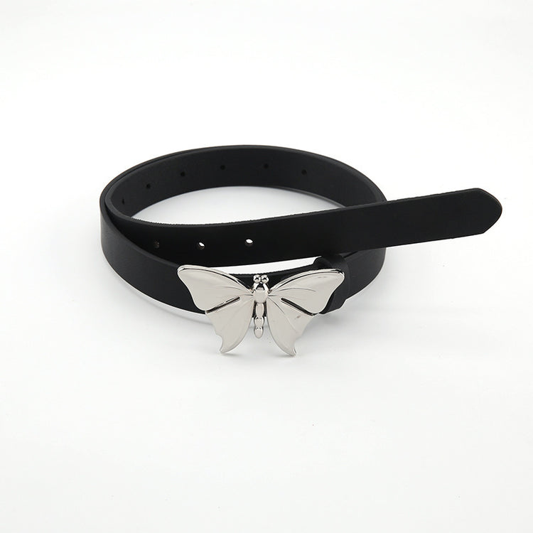 a black belt with a silver butterfly buckle