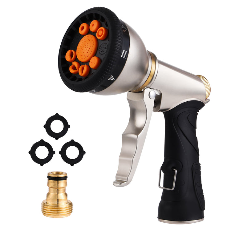 a silver and black garden hose nozzle