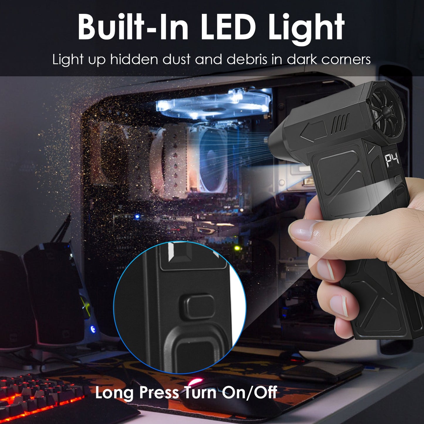 1Pc Compressed Air Duster With LED Light Vacuum Cleaner Max 160000RPM Speed For PC Keyboard Cleaning High Speed Rechargeable Cordless Air Blower With 4 Speeds For Home Car Outdoor