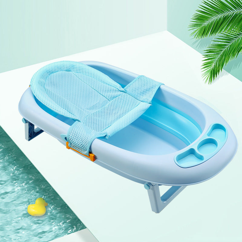 a blue baby bathtub with a yellow rubber duck
