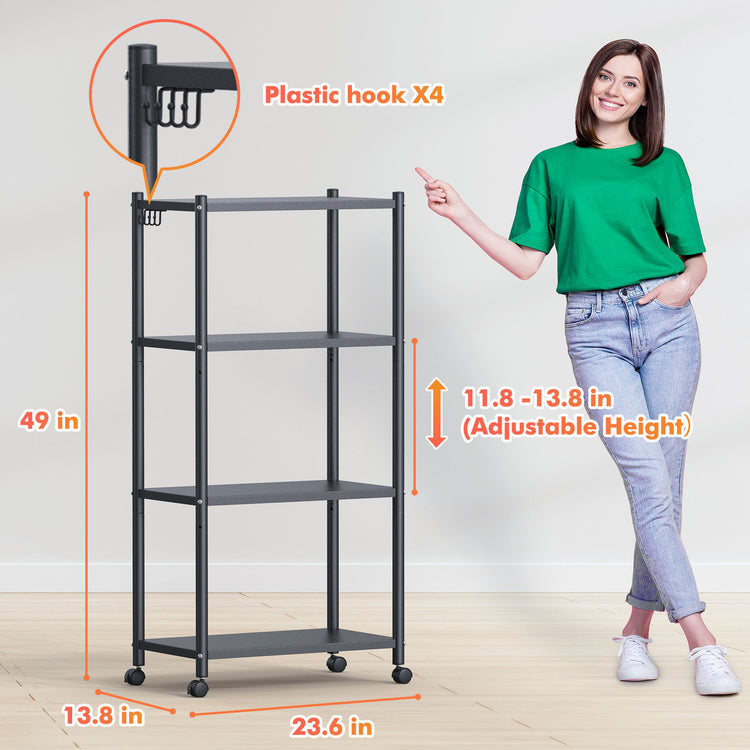 a woman pointing at a shelf