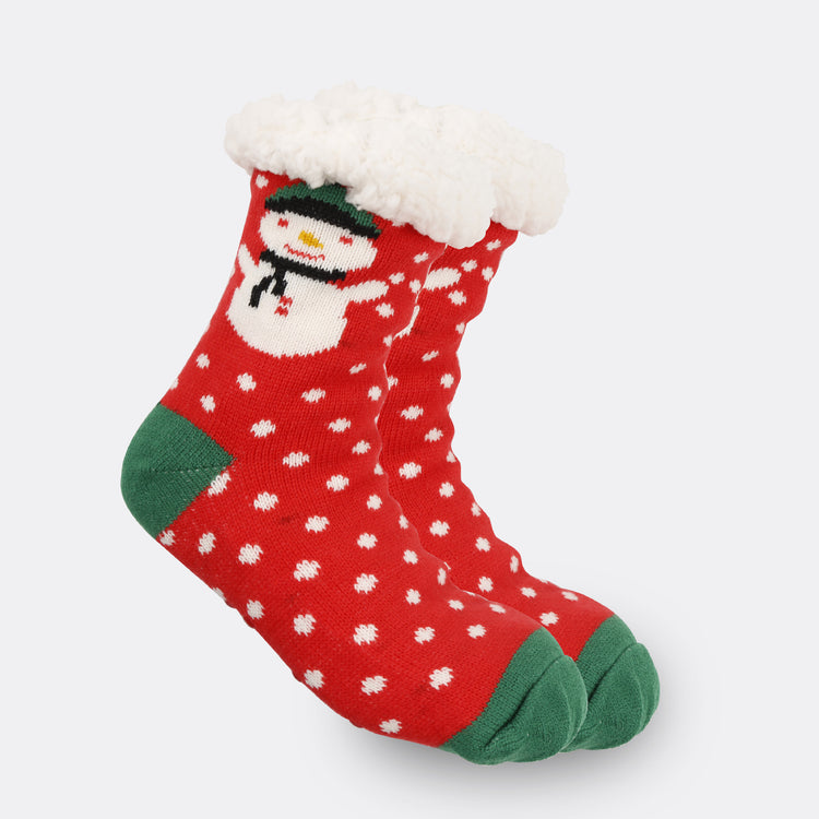 a pair of red and green socks with snowman on it
