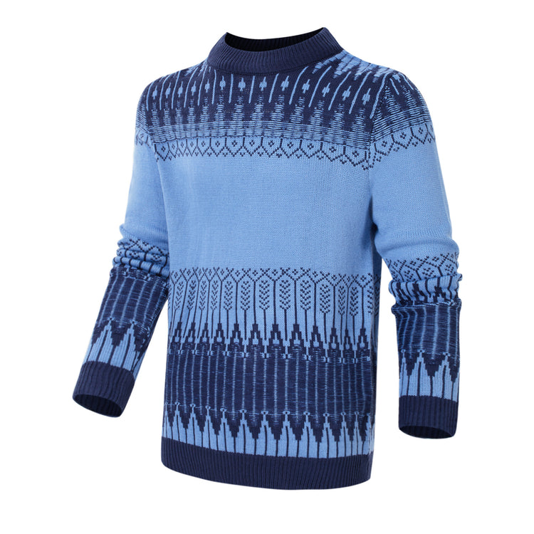 a blue sweater with a pattern