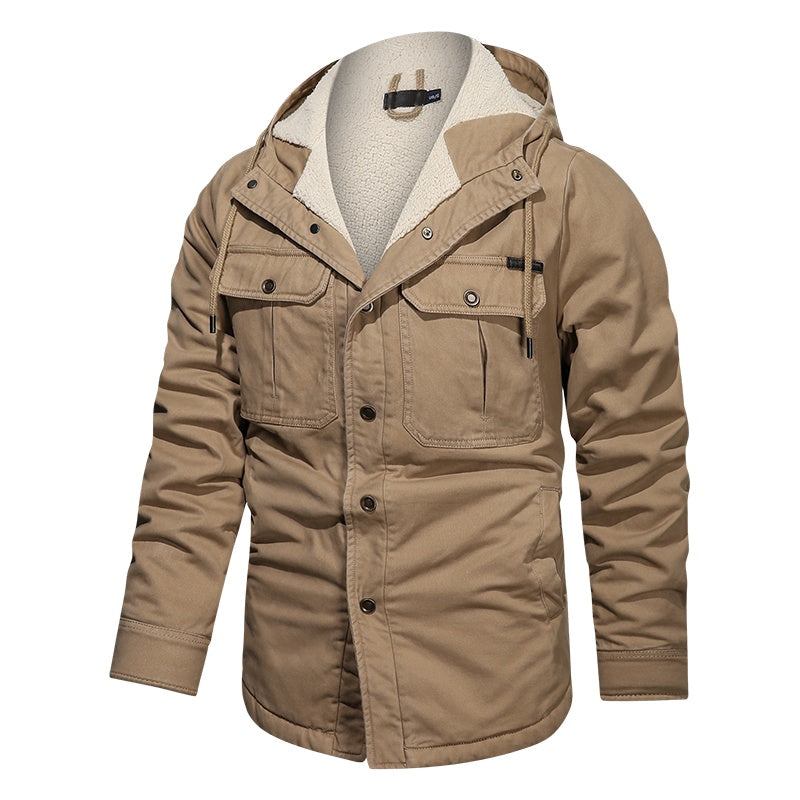 a tan jacket with a white lining
