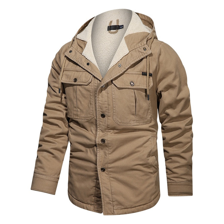a tan jacket with a white lining