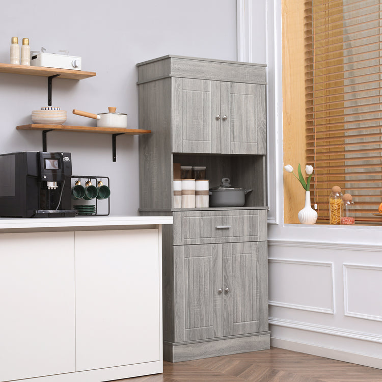 a kitchen with a counter and shelves