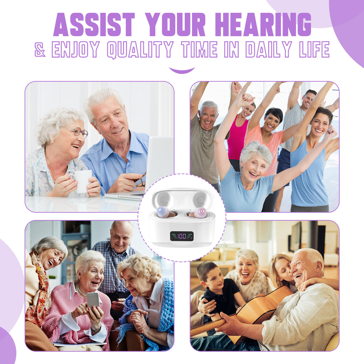 a collage of people and hearing aid