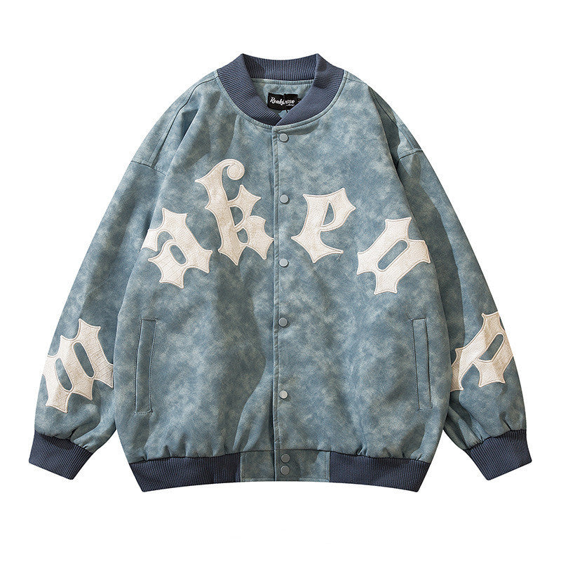 a blue jacket with white letters on it