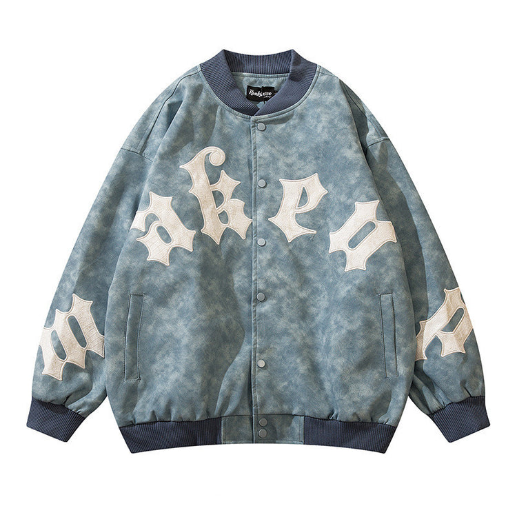a blue jacket with white letters on it