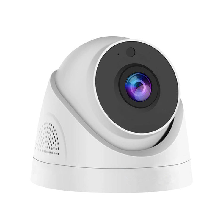 a white camera with a round circular lens