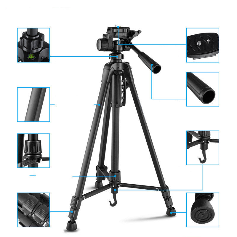 a black tripod with many images of the camera