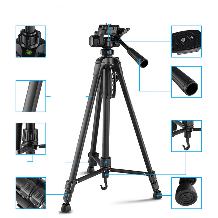 a black tripod with many images of the camera