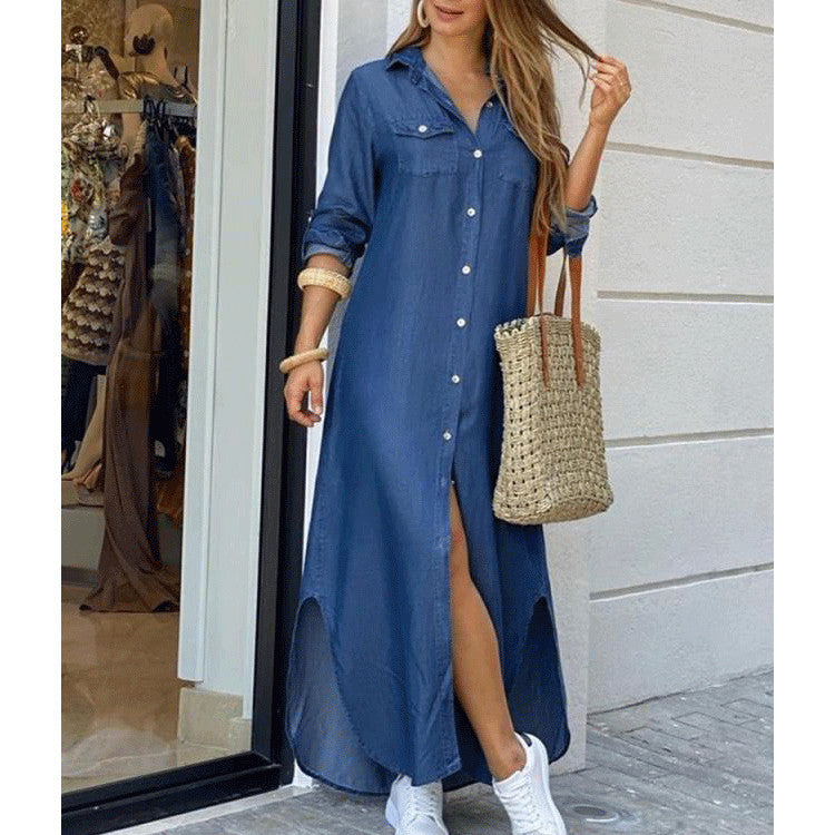 a woman wearing a blue dress and white sneakers