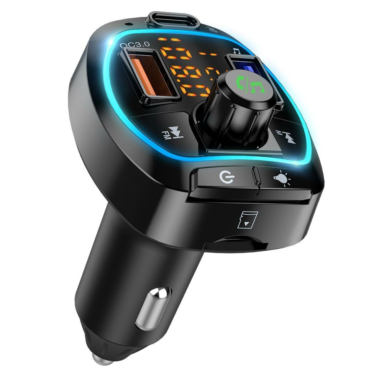 a black car charger with blue lights
