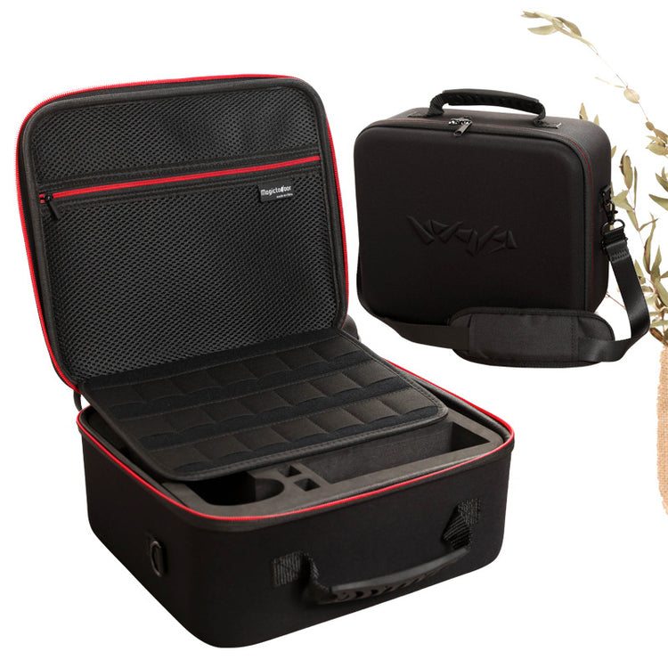 a black and red suitcase with a handle