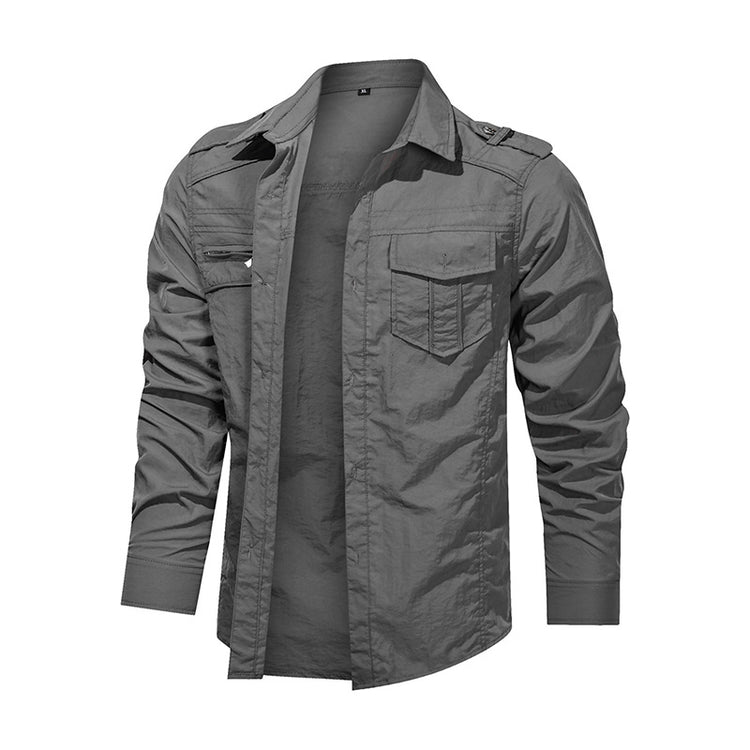 a grey jacket with pockets