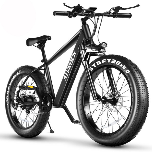 a black bike with large tires