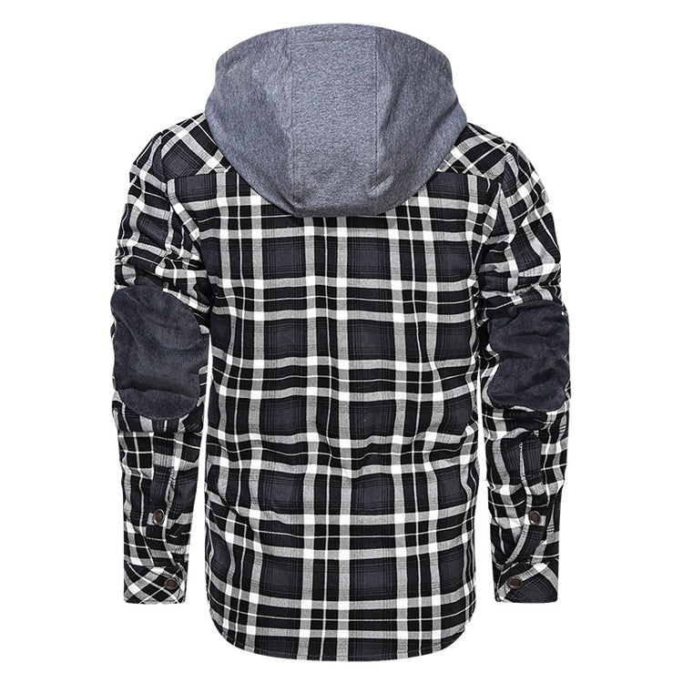 a black and white plaid jacket with a hood