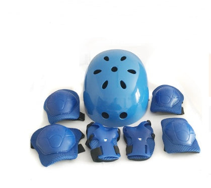 a blue helmet and knee pads