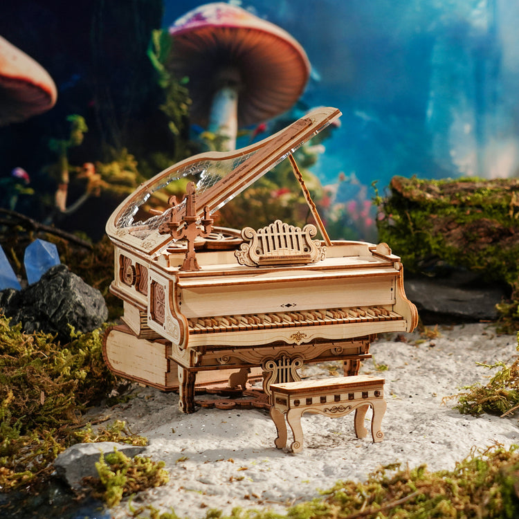 a toy piano in a forest